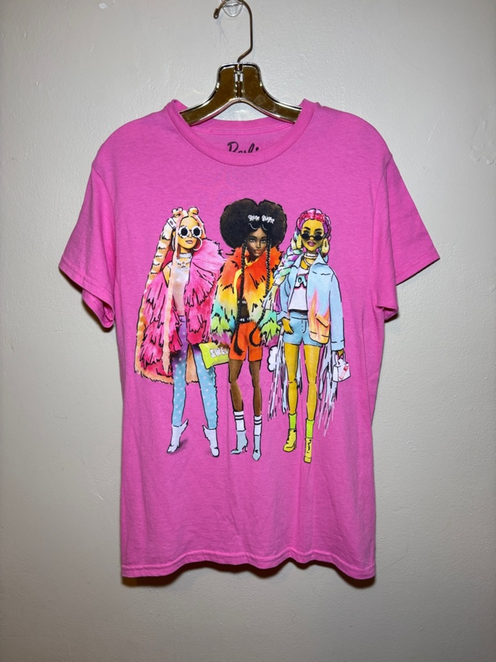Barbie Pink Graphic Long Sleeve Tee with Colorful Dolls